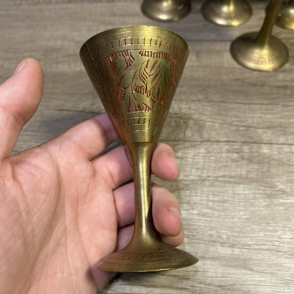 Etched Brass Wine Goblet India Table Top Decor Vintage Beware 5 Small Solid Cups - Picture 2 of 9